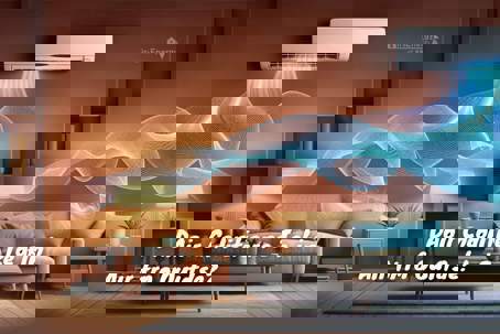 Living room showing a wall-mounted air conditioner, with digital illustration of cool air flowing downward