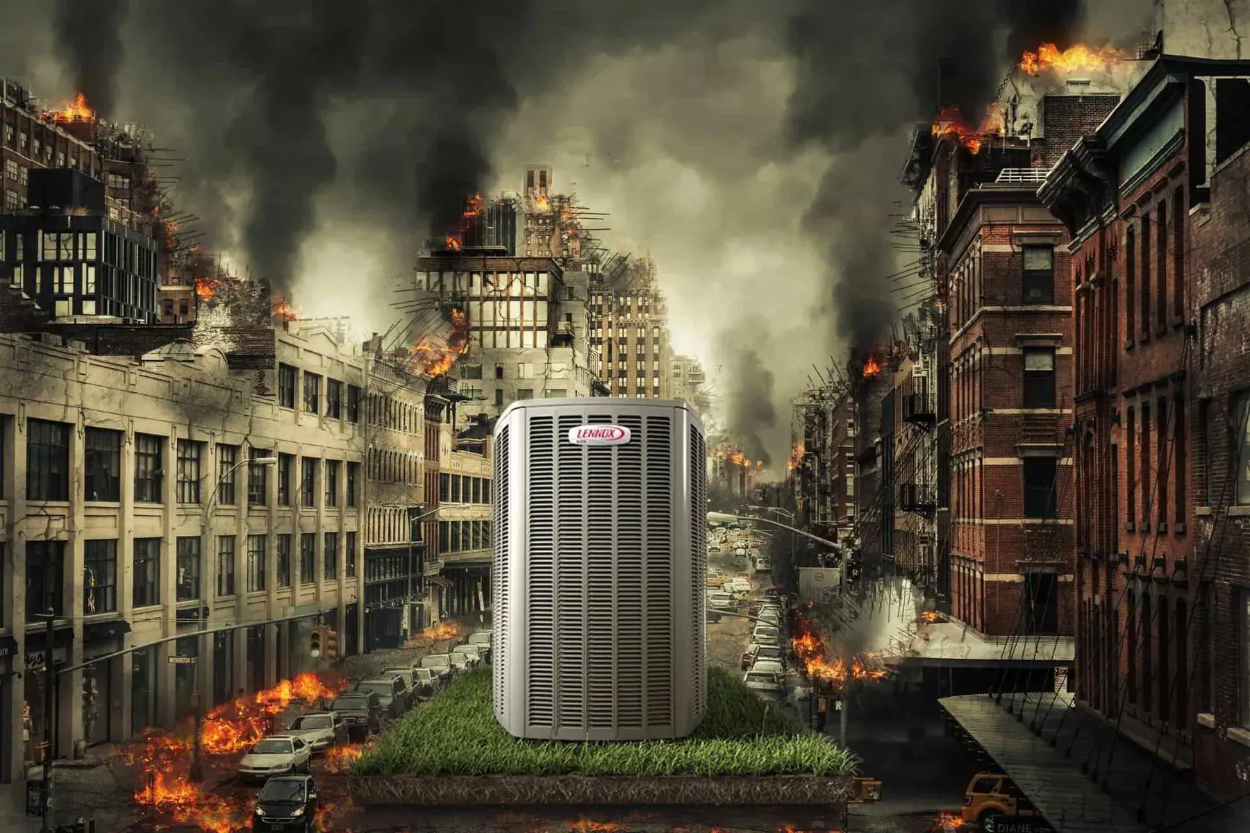 Lennox air conditioner stands strong amid a burning city